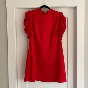 Red puff sleeve satin dress.